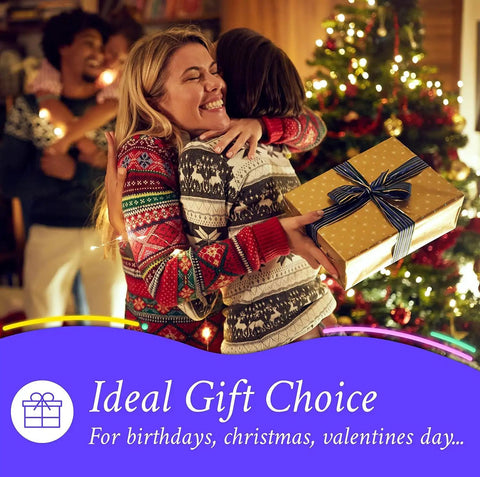 Two people hugging with gift box near Christmas tree, ideal gift choice message, festive holiday setting