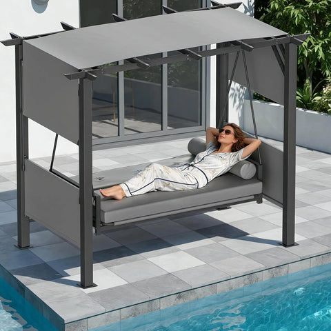 Woman relaxing on 3 Seat Porch Swing Bed With Stand And Adjustable Canopy For Outdoor Use 2 In 1 Convertible Patio Hammock Chair