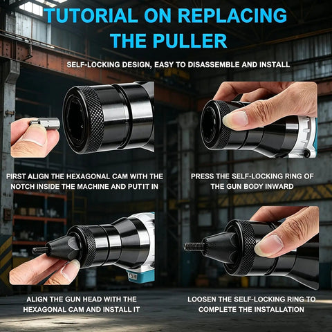 Tutorial on replacing puller for Cordless Rivet Nut Tool Kit 2 In 1 Electric Rivet Nut Gun Portable Battery Powered for Aluminum Steel.