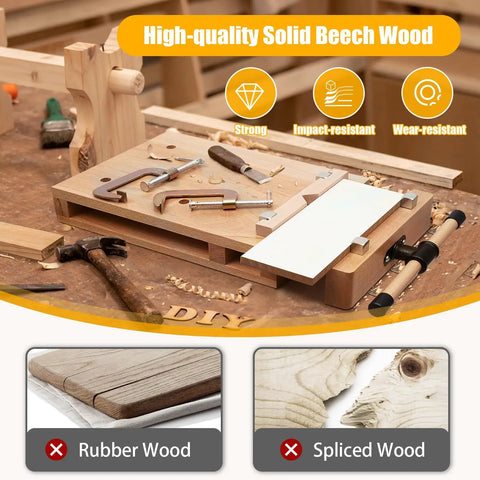 Portable Beech Wood Bench Vise For Woodworking Strong Clamp Vise With 4 Limit Blocks And 2 G Shape Clips on a worktable