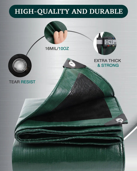 Beefy Heavy Duty Tarps 16mil Waterproof Poly Tarpaulin with Grommets UV Resistant for Canopy Roof Tent Boat Patio Green 16x24