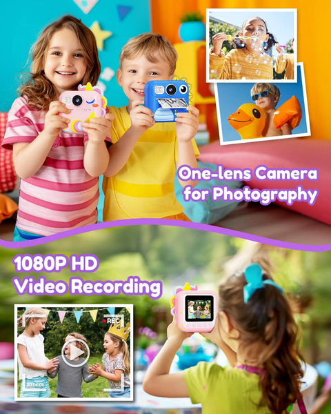 Kids Camera With Instant Print For Girls Ages 3 12 2.4 Inch HD Screen 1080P Video Music MP3 Player Games Multi Language Printable Photos Pink Gift For Christmas Birthday, pink unicorn camera shown in use