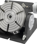 Rock Solid 16 Inch Precision Tilting Rotary Table With Six T Slots And 90 Degree Tilt for CNC milling, showing silver slotted surface.