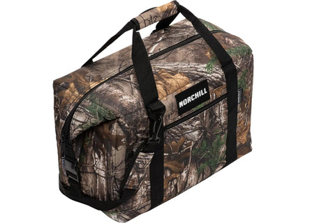 Hella Durable 48 Can Insulated Soft Sided Cooler Featuring Realtree Xtra Camo Shell with durable straps for easy carry.