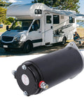 RV leveling system hydraulic pump motor, black cylindrical power unit with red terminal