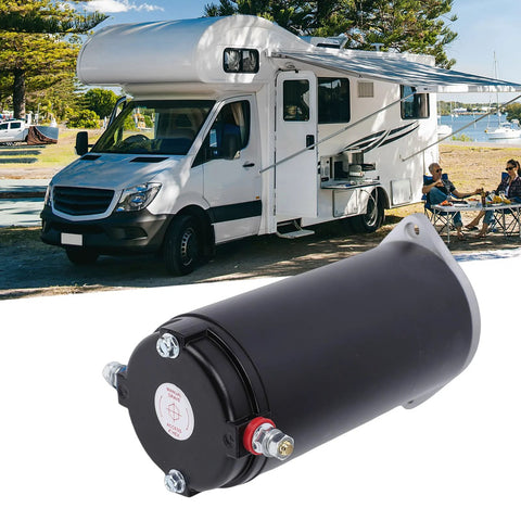 RV leveling system hydraulic pump motor, black cylindrical power unit with red terminal