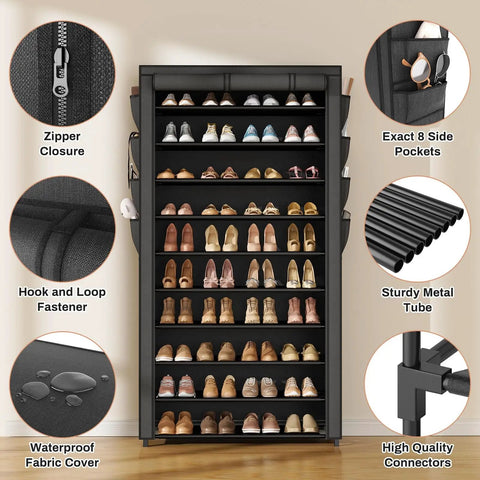 Tall 10 Tier Shoe Rack With Dustproof Cover Free Standing Storage For 50 To 55 Pairs Of Shoes And Boots Huge Capacity Space Saver Closet Entryway Garage Organizer 8 Pockets