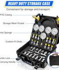 All-In-One Hydraulic Pressure Test Kit with dual-scale gauges and accessories in a heavy-duty storage case for excavators.