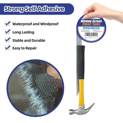 Heavy Duty Window Screen Repair Tape 3 Inch By 20 Foot Patch Kit, waterproof, easy to cut and apply, with strong hold adhesive