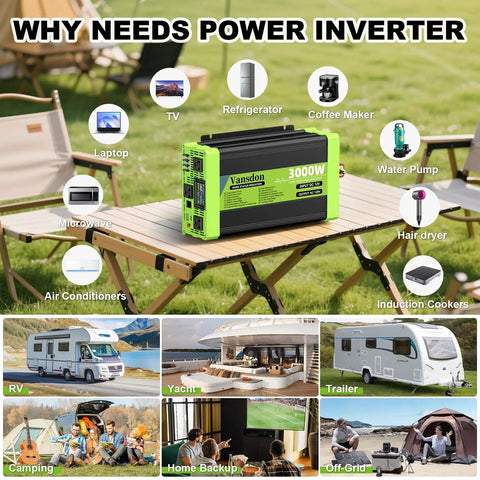 Power Your Adventure With A 3000W Pure Sine Wave Inverter For RVs, Trucks, Solar And Off Grid Homes displayed on outdoor table.