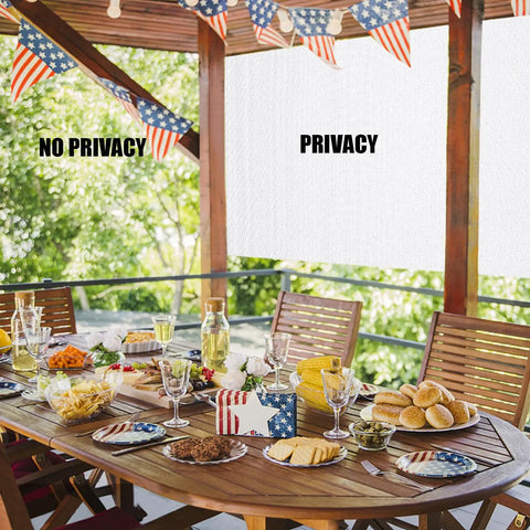 Shade Cloth Ninety Percent White 8 By 10 Foot HDPE Sun Shade Sail installed on patio creating privacy and reducing sunlight