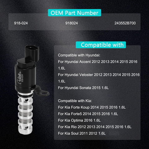 Beefed-Up Oil Control Valve Solenoid For 1.6L L4 Engine With Variable Valve Timing, showing part numbers and compatible Hyundai Kia models