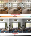 Cool 23 Inch LED Ceiling Fan With Remote Control, Dimmable Light And 3 Color Temperatures White Neutral Warm, 3 Speed Settings Low Medium High, Indoor Ceiling Fan For Kitchen Bedroom Bathroom, Modern Matte Iron Finish demonstrating color and luminance settings.