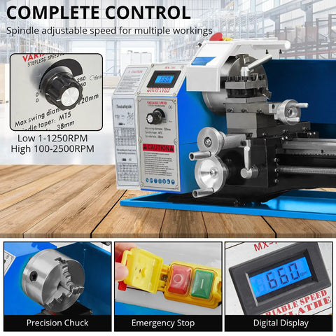 Control panel of 9 Inch Benchtop Metal Lathe With 1100W Variable Speed Motor showing adjustable speed settings and emergency stop.