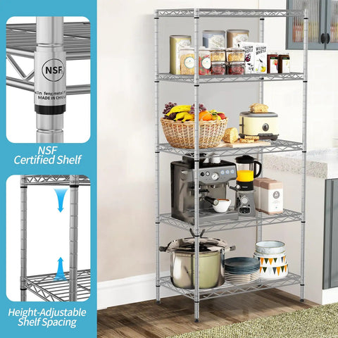 Heavy Duty Five Tier Wire Shelving Unit Rock Solid Chrome Metal Storage Rack With Quick Adjustable Levels Zero Fuss Assembly For Kitchen Garage Pantry Bathroom