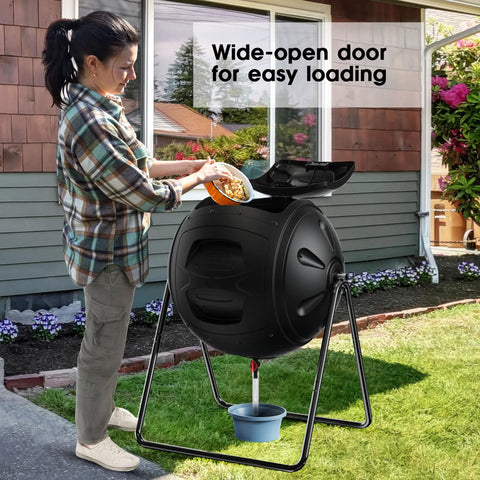 Woman placing waste into Heavy Duty 35 Gallon Tumbling Compost Bin With Easy Drain Plug For Liquid Collection Rotating Outdoor Garden Waste Container.