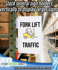 Heavy Duty Warehouse Aisle Sign Holders For Pallet Rack Upright With Flexible Hinge 50 Pack displaying "Fork Lift Traffic" sign vertically.