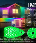 Outdoor C9 Christmas Lights 134 Feet 150 LED, App Controlled, Music Sync, IP65 Waterproof on house roofline in rain