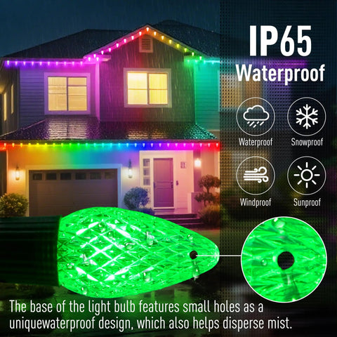 Outdoor C9 Christmas Lights 134 Feet 150 LED, App Controlled, Music Sync, IP65 Waterproof on house roofline in rain