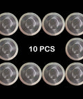 Super Sturdy 10 Pack Stainless Steel Drain Strainers For Sink And Tub Rust Proof Mesh Hair Catchers 10 pieces arranged on black background.