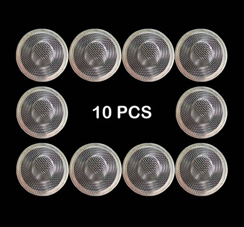 Super Sturdy 10 Pack Stainless Steel Drain Strainers For Sink And Tub Rust Proof Mesh Hair Catchers 10 pieces arranged on black background.