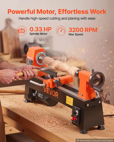 VEVOR Mini Benchtop Wood Lathe, 1/3 HP 8 X 13 Inch, Variable Speed 150 To 3200 RPM Woodturning Machine with tool rest in action.