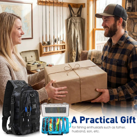 Man receiving gift wrapped 256 Piece All-In-One Fishing Tackle Set Backpack Kit with tackle box, in home setting.