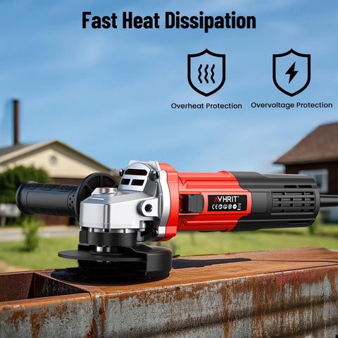 Side view: Avhrit 4-1/2 in angle grinder, red/black, 10A 1200W, 13000 RPM for cutting and grinding