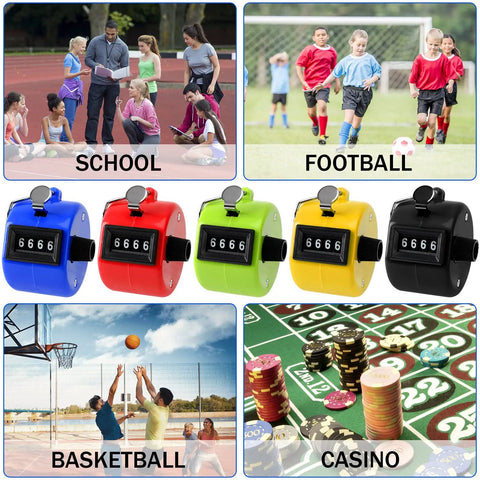 Set Of Five Legit Sturdy Handheld Tally Clicker Counters With Four Digit Dial And Slick Abs Body in blue, red, green, yellow, black for sports and games.