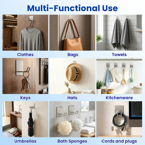 Multi-functional display of Super Strong Adhesive Hooks With Extended Stainless Steel Bar For Heavy Duty Wall Mount holding clothes, bags, towels, and more.