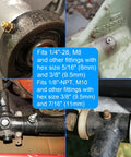 Close-up of Heavy Duty 4 Way Zerk Grease Fittings Tool Set with hex sizes and application details, galvanized alloy steel.