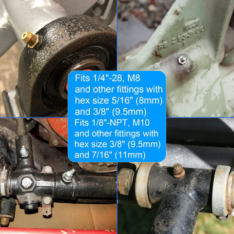 Close-up of Heavy Duty 4 Way Zerk Grease Fittings Tool Set with hex sizes and application details, galvanized alloy steel.