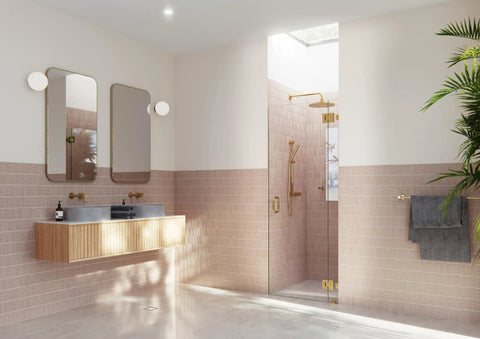 Frameless Shower Door Hinge With Enduroshield Glass Coating, 78 Inch By 33.5 Inch, Polished Brass Finish, Built To Last Bathroom Hardware For Modern Glass Showers in gold