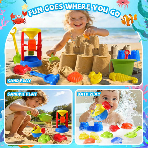Epic 19-Piece Beach Sand Toy Set kids building sandcastles on beach with bucket, water wheel, molds, shovels, sandpit, bath play