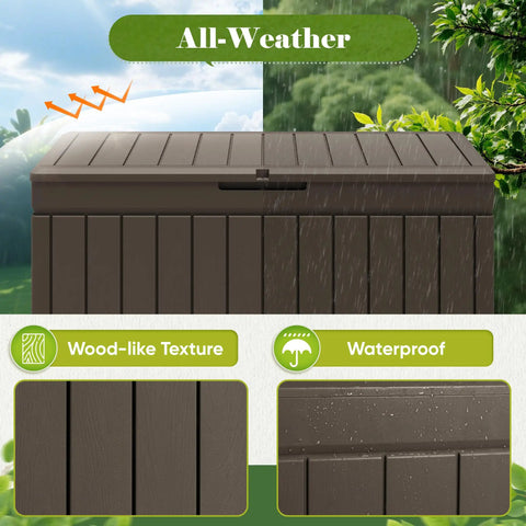 Heavy Duty 80 Gallon Outdoor Storage Box Top Shelf Resin Deck Crate showing waterproof texture and design features.