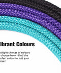 Close-up of colored ropes including turquoise, black, and purple used in Yearling Size Turquoise Rope Halter For Horses, Super Sturdy Training Halter With Four Knots, One Quarter Inch Stiff Rope, Built To Handle Pressure Without Bite, Lightweight Lead Clip With No Hardware, Ideal For Groundwork And Handling.