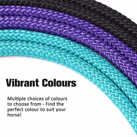 Close-up of colored ropes including turquoise, black, and purple used in Yearling Size Turquoise Rope Halter For Horses, Super Sturdy Training Halter With Four Knots, One Quarter Inch Stiff Rope, Built To Handle Pressure Without Bite, Lightweight Lead Clip With No Hardware, Ideal For Groundwork And Handling.