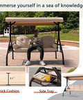 Three Seat Outdoor Porch Swing With Adjustable Canopy, Comfy Waterproof Cushions And Pillow, Foldable Side Tray.
