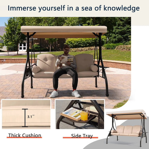 Three Seat Outdoor Porch Swing With Adjustable Canopy, Comfy Waterproof Cushions And Pillow, Foldable Side Tray.