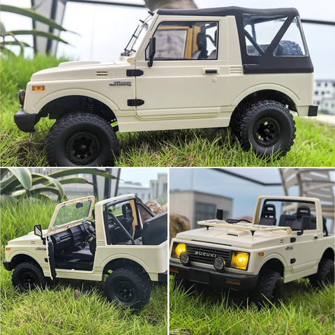 One To Ten Scale RC Crawler Inspired by Suzuki Jimny JA11 4x4 Off Road Truck, outdoor view on grass, showing doors and headlights