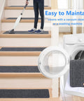 Person cleaning 15 Piece Indoor Stair Treads For Wooden Steps Non Slip Carpet Runner Mats With Gray Stripe Pattern next to washer