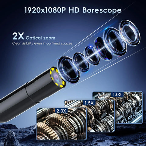 Endoscope Camera With Light For Tight Spaces, IP67 Waterproof Borescope with optical zoom feature and lens diagram