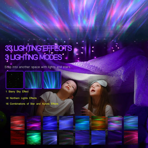 Children gazing at Galaxy Light Aurora Projector With 33 Effects LED Star Projector for Bedroom creating colorful starry sky.