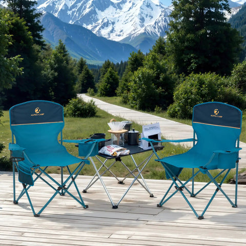 Two Pack Folding Camp Chairs With Built In Four Can Cooler, Cup Holder, Storage Pocket, 250 Lb Capacity, Lightweight Collapsible Lawn Chairs for Camping, Beach, Picnic, Blue, set on a wooden deck with mountain view.