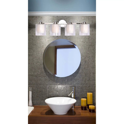 Lit Chrome Four Light Vanity Light With Dual Frosted Opal And Clear Glass Shades 29 Inch Wide By 9 Inch Tall Contemporary Bathroom Fixture