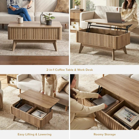 Lift Top Coffee Table With Hidden Storage, Mid Century Modern Farmhouse Design, Fluted Oak Finish Living Room Centerpiece That Hits Different And Keeps Your Layout Totally Clear