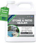 Premium Natural Stone And Patio Sealer For Concrete Slabs And Brick Walls Water Based Clear Repellent in gallon container with droplets.
