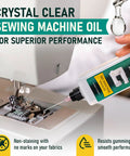 Crystal Clear 3.4 Oz Sewing Machine Oil Set With 1 Inch And 1.5 Inch Precision Applicators And Five Deep Cleaning Brushes For Quiet, Smooth, Gummed Free Operation Of Your Sewing Machine. bottle pouring oil into sewing machine
