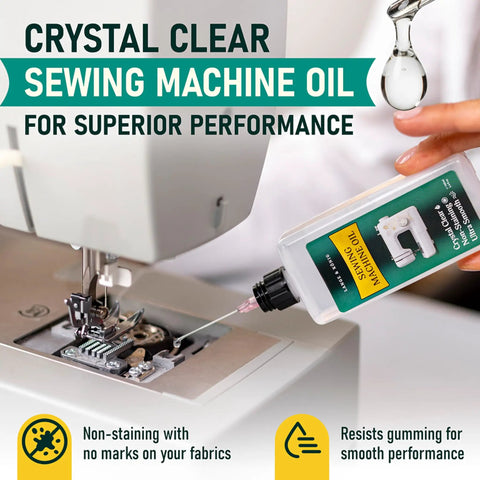 Crystal Clear 3.4 Oz Sewing Machine Oil Set With 1 Inch And 1.5 Inch Precision Applicators And Five Deep Cleaning Brushes For Quiet, Smooth, Gummed Free Operation Of Your Sewing Machine. bottle pouring oil into sewing machine