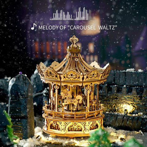 Wooden Puzzle Carousel Kit With Five Moving Horses And Music Box Hands On 3D Mechanical Model That Rotates Lifts And Sways Simultaneously Great Gift For Adults And Teens Christmas Or Birthday Hobby Craft, wooden carousel with music